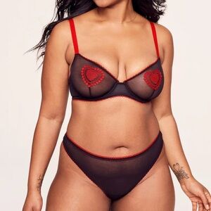 NWT Adore Me Black Mesh Red Heart Bra Panty Set Alyishia Unlined Plus 40C 1X